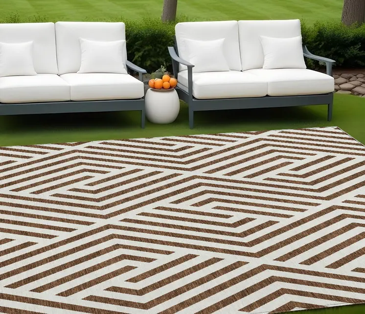 10' X 14' Brown and White Geometric Washable Non Skid Indoor Outdoor Area Rug