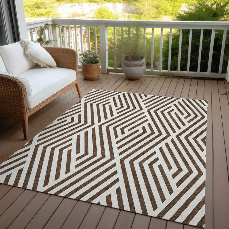 10' X 14' Brown and White Geometric Washable Non Skid Indoor Outdoor Area Rug