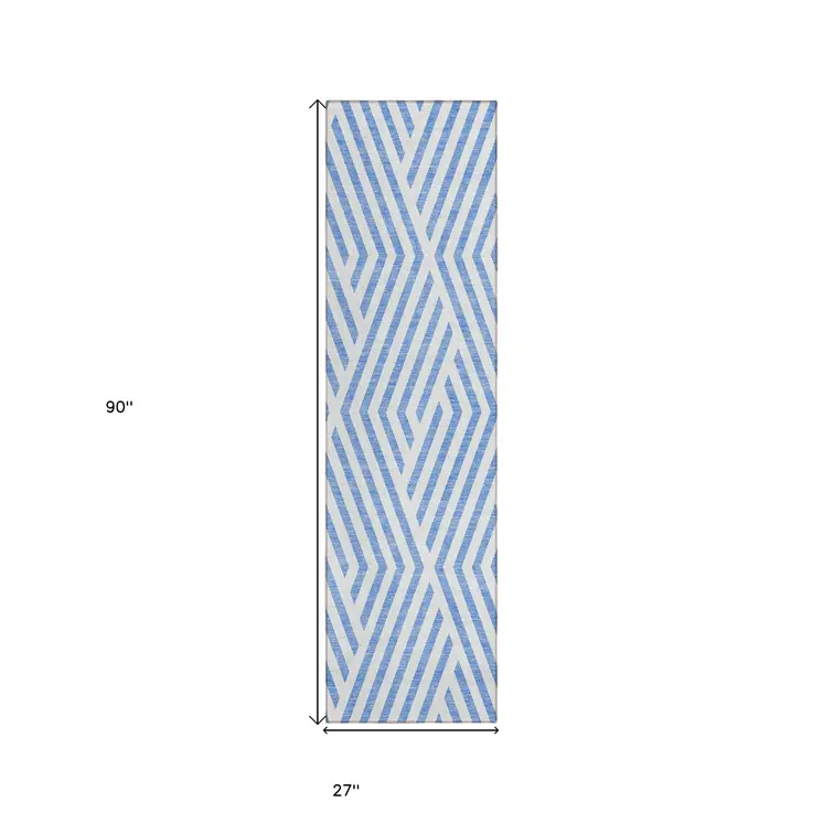 8' Blue And Ivory Geometric Washable Indoor Outdoor Runner Rug