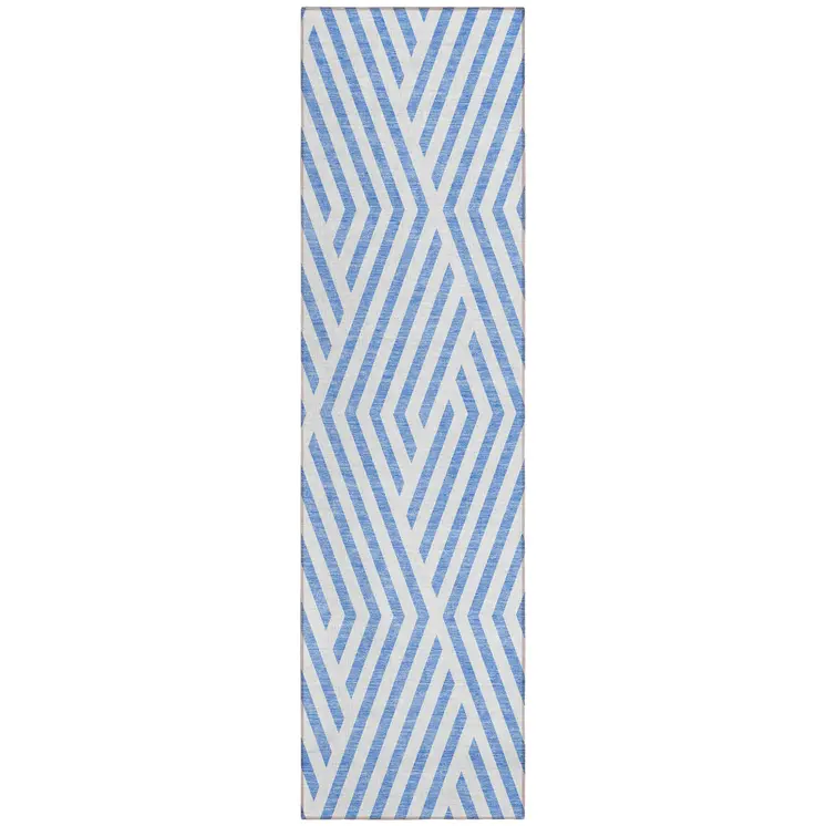 8' Blue And Ivory Geometric Washable Indoor Outdoor Runner Rug
