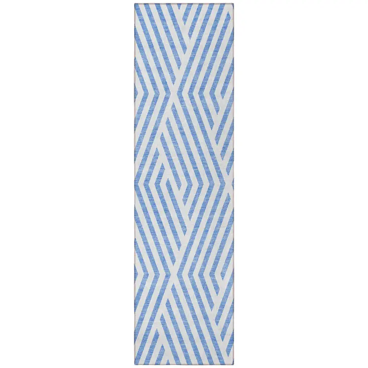 8' Blue And Ivory Geometric Washable Indoor Outdoor Runner Rug