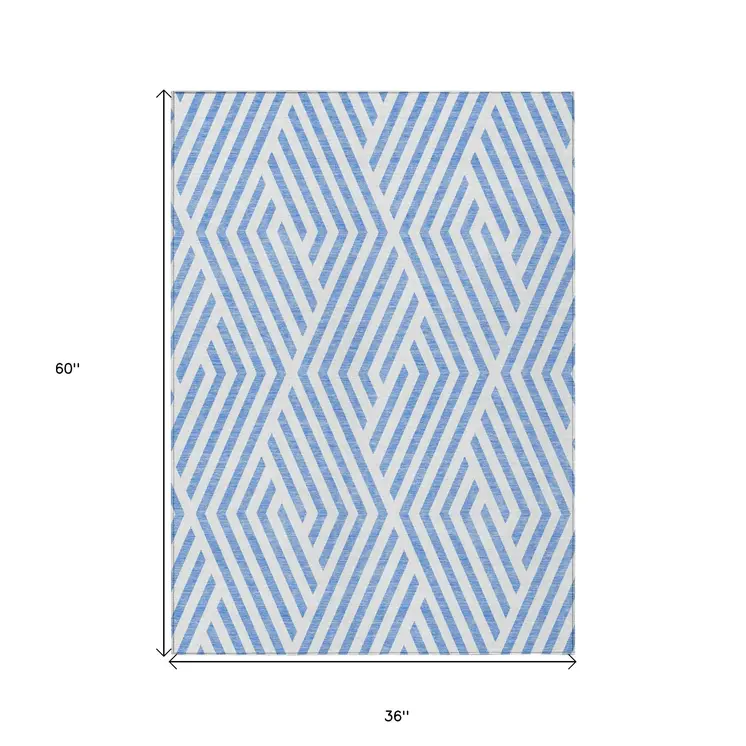 3' X 5' Blue and Ivory Geometric Washable Non Skid Indoor Outdoor Area Rug
