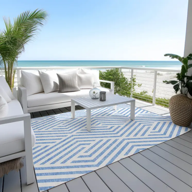 3' X 5' Blue and Ivory Geometric Washable Non Skid Indoor Outdoor Area Rug