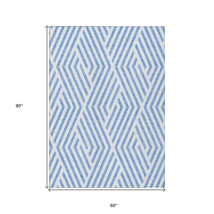 5' X 8' Blue And Ivory Geometric Washable Indoor Outdoor Area Rug