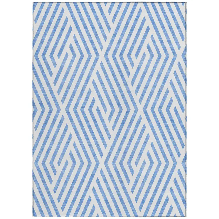 5' X 8' Blue And Ivory Geometric Washable Indoor Outdoor Area Rug