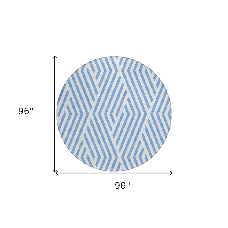 8' Round Blue and Ivory Round Geometric Washable Non Skid Indoor Outdoor Area Rug