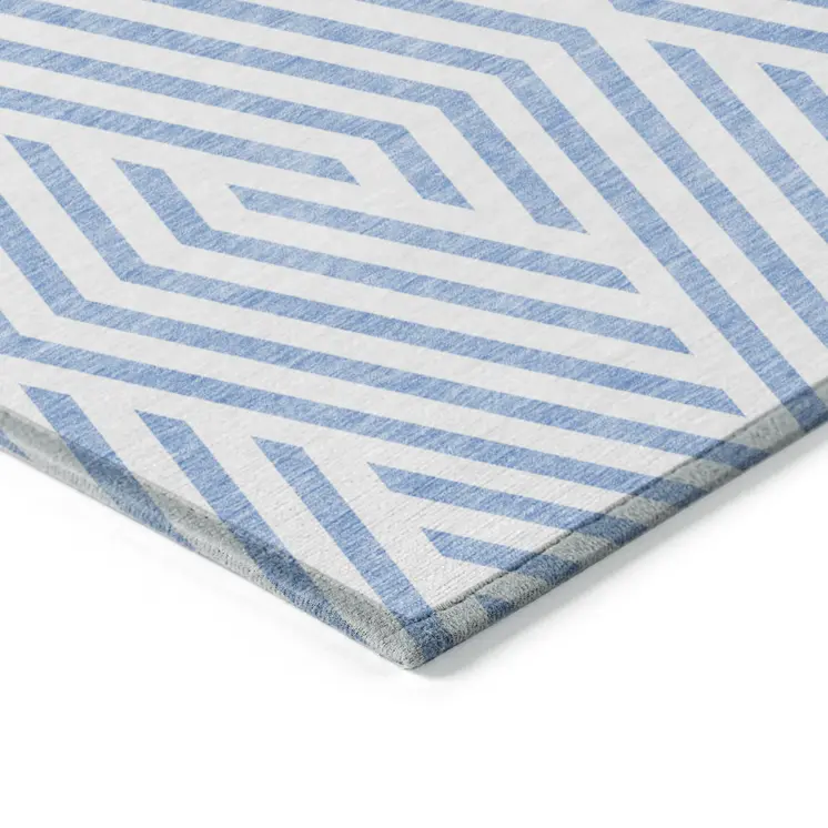8' Round Blue and Ivory Round Geometric Washable Non Skid Indoor Outdoor Area Rug