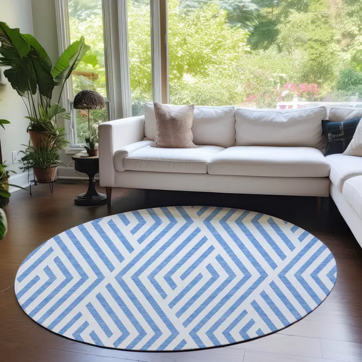 8' Round Blue and Ivory Round Geometric Washable Non Skid Indoor Outdoor Area Rug