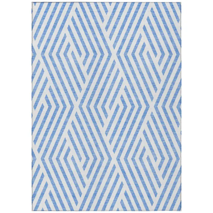 9' X 12' Blue and Ivory Geometric Washable Non Skid Indoor Outdoor Area Rug