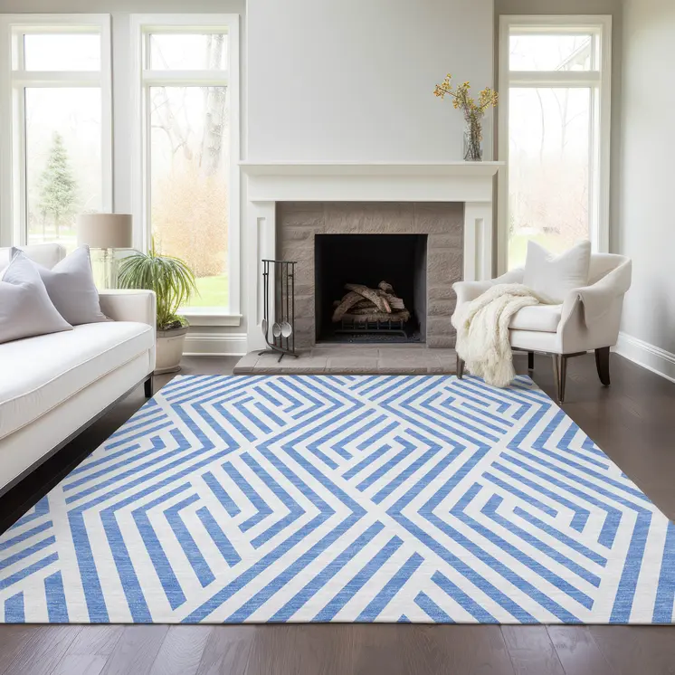 9' X 12' Blue and Ivory Geometric Washable Non Skid Indoor Outdoor Area Rug