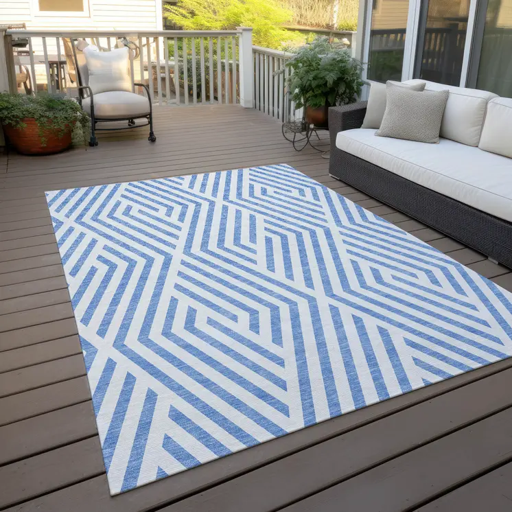 9' X 12' Blue and Ivory Geometric Washable Non Skid Indoor Outdoor Area Rug