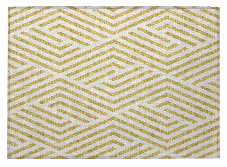 2' X 3' Gold and White Geometric Washable Non Skid Indoor Outdoor Area Rug