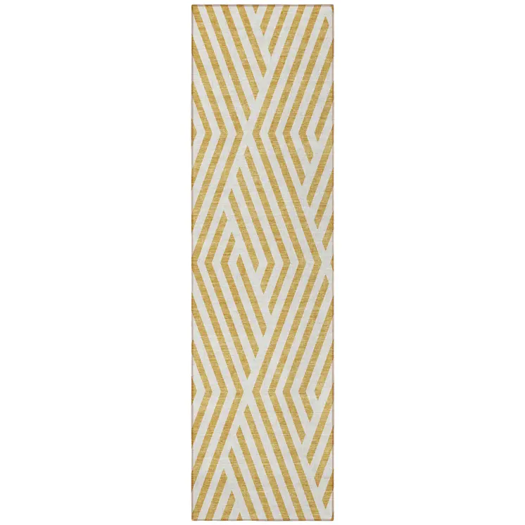 8' Runner Gold and White Geometric Washable Non Skid Indoor Outdoor Runner Rug