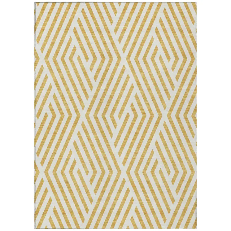 5' X 8' Gold and White Geometric Washable Non Skid Indoor Outdoor Area Rug
