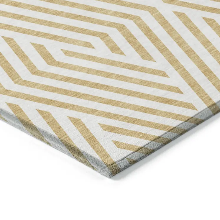 5' X 8' Gold and White Geometric Washable Non Skid Indoor Outdoor Area Rug