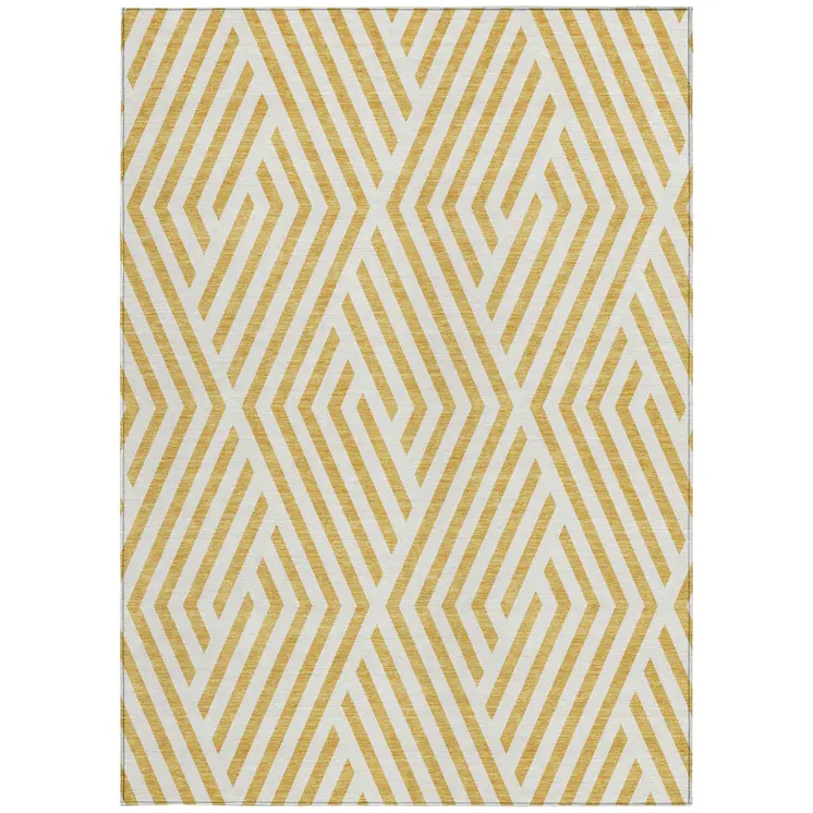 5' X 8' Gold and White Geometric Washable Non Skid Indoor Outdoor Area Rug