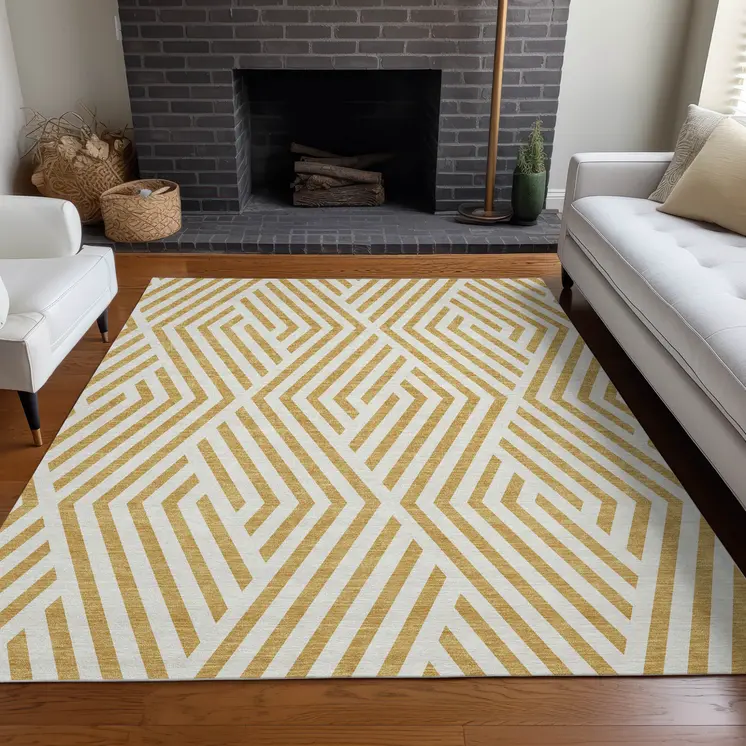5' X 8' Gold and White Geometric Washable Non Skid Indoor Outdoor Area Rug