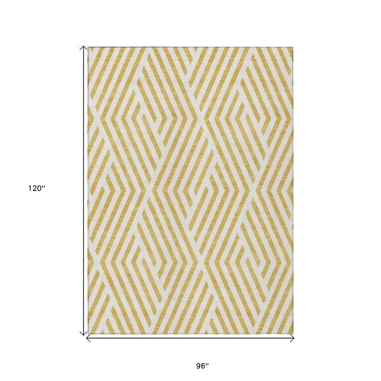 8' X 10' Gold and White Geometric Washable Non Skid Indoor Outdoor Area Rug