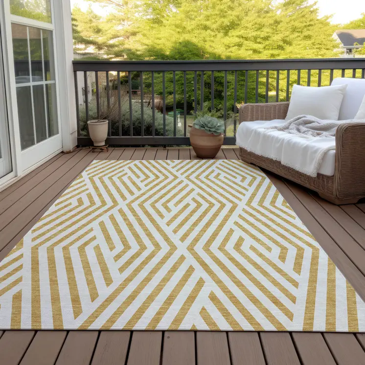 10' X 14' Gold and White Geometric Washable Non Skid Indoor Outdoor Area Rug