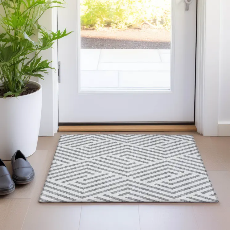 2' X 3' Gray and Ivory Geometric Washable Non Skid Indoor Outdoor Area Rug