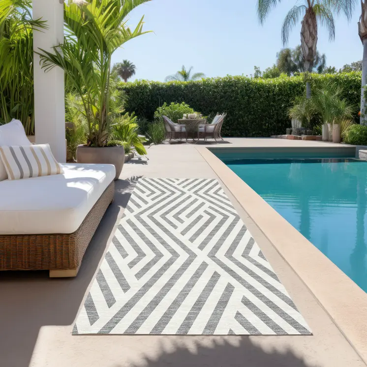 8' Gray And Ivory Geometric Washable Indoor Outdoor Runner Rug