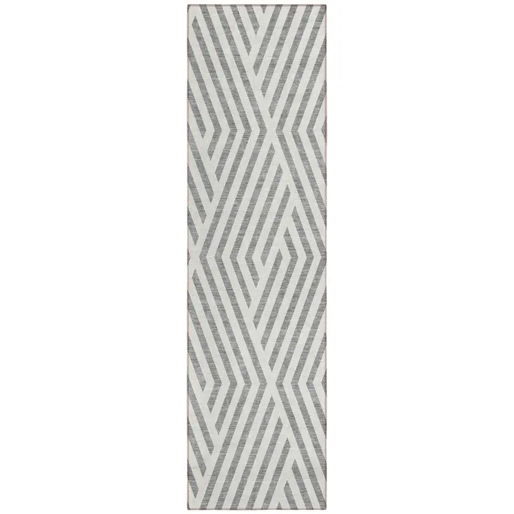 8' Gray And Ivory Geometric Washable Indoor Outdoor Runner Rug