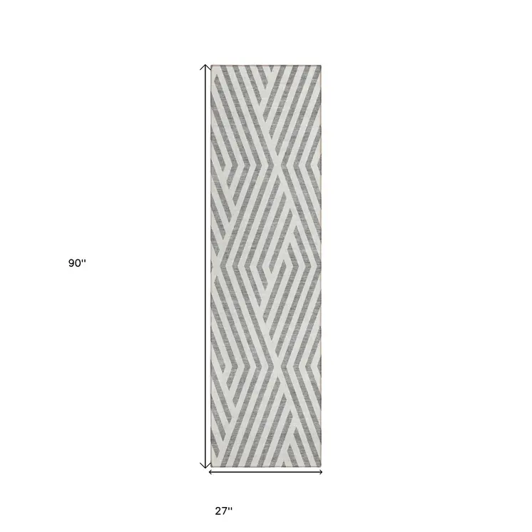 8' Gray And Ivory Geometric Washable Indoor Outdoor Runner Rug