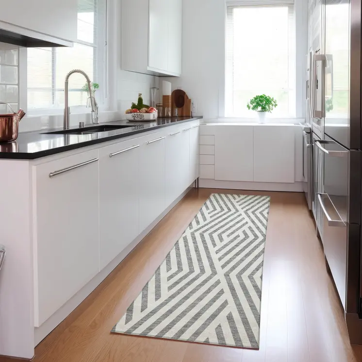 8' Gray And Ivory Geometric Washable Indoor Outdoor Runner Rug
