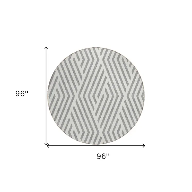 8' Gray And Ivory Round Geometric Washable Indoor Outdoor Area Rug