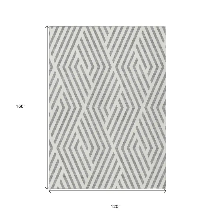 10' X 14' Gray And Ivory Geometric Washable Indoor Outdoor Area Rug
