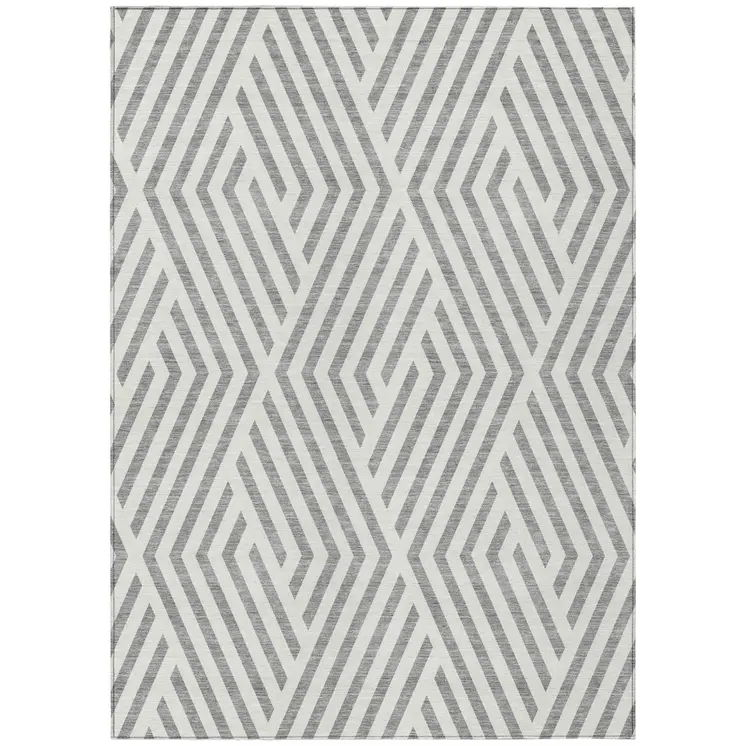 10' X 14' Gray And Ivory Geometric Washable Indoor Outdoor Area Rug