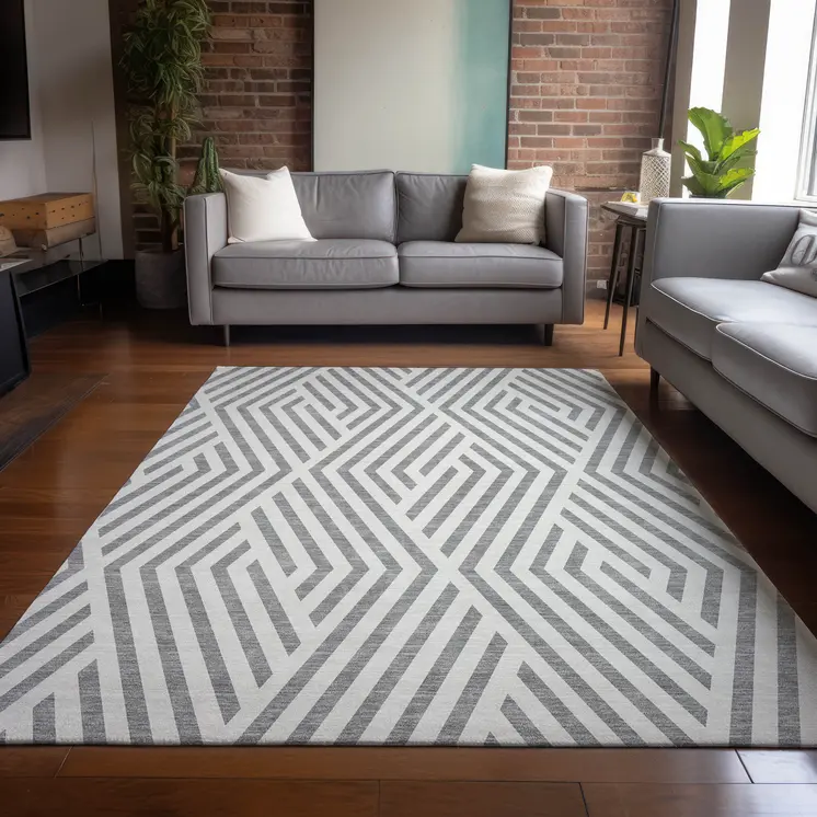 10' X 14' Gray And Ivory Geometric Washable Indoor Outdoor Area Rug