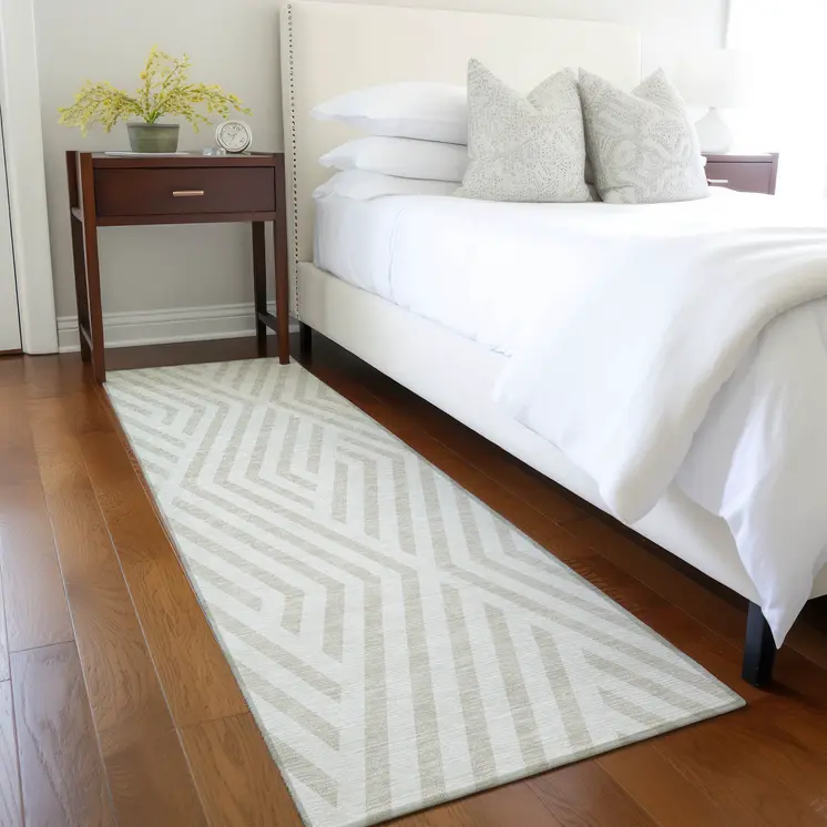 8' Runner Beige and Ivory Geometric Washable Non Skid Indoor Outdoor Runner Rug