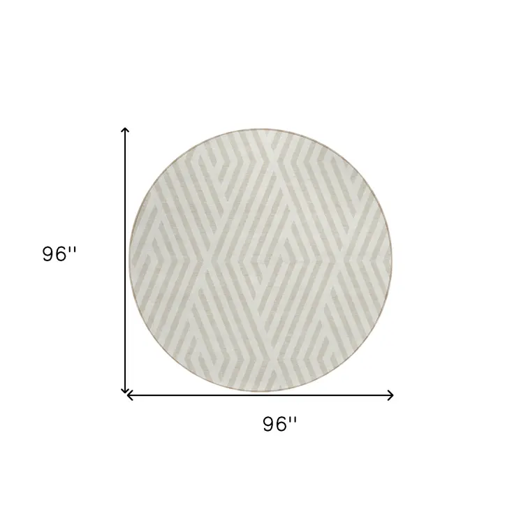 8' Beige And Ivory Round Geometric Washable Indoor Outdoor Area Rug