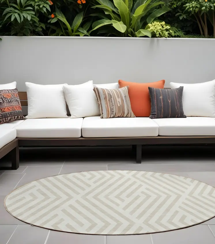 8' Beige And Ivory Round Geometric Washable Indoor Outdoor Area Rug