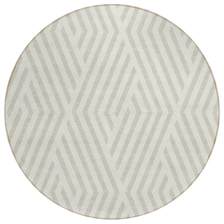 8' Beige And Ivory Round Geometric Washable Indoor Outdoor Area Rug
