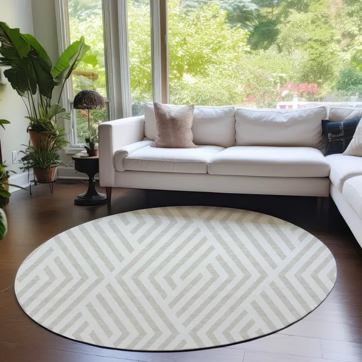 8' Beige And Ivory Round Geometric Washable Indoor Outdoor Area Rug