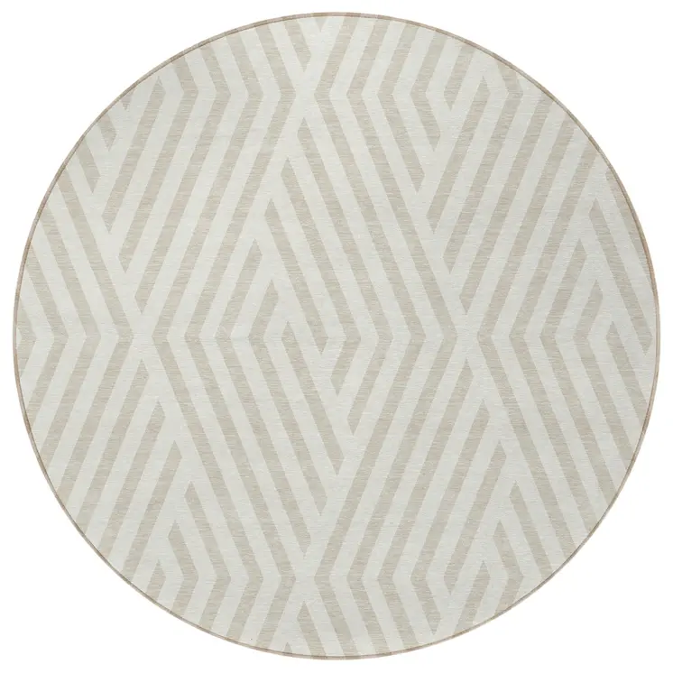 8' Beige And Ivory Round Geometric Washable Indoor Outdoor Area Rug