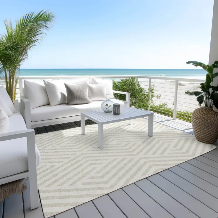10' X 14' Beige and Ivory Geometric Washable Non Skid Indoor Outdoor Area Rug