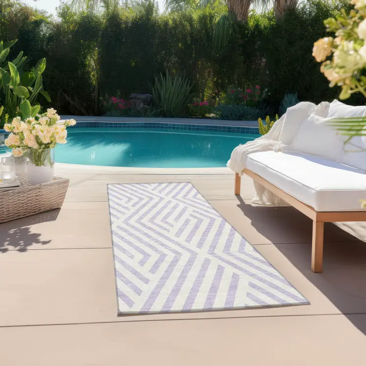 8' Runner Lavender and Ivory Geometric Washable Non Skid Indoor Outdoor Runner Rug
