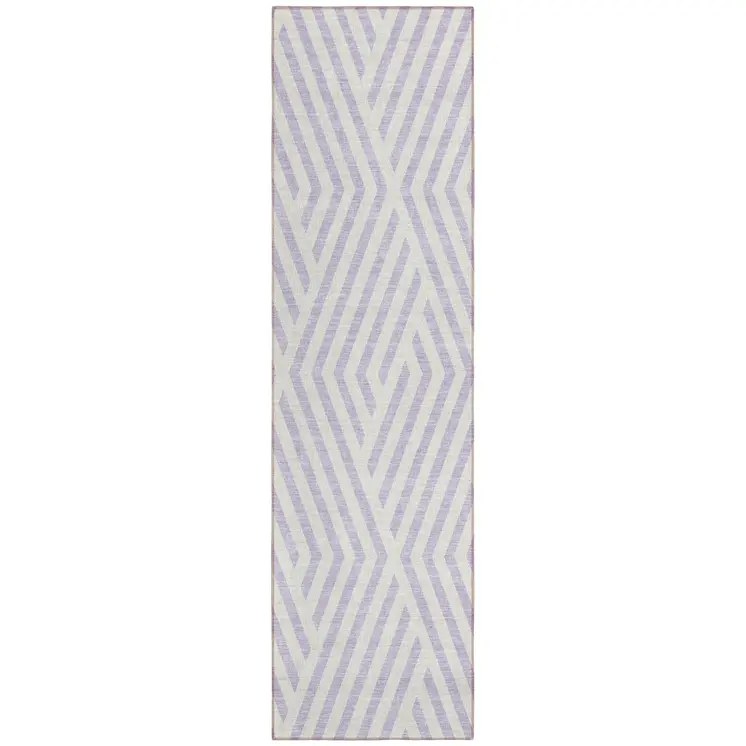 8' Runner Lavender and Ivory Geometric Washable Non Skid Indoor Outdoor Runner Rug