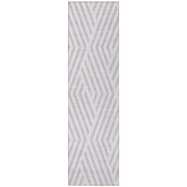 8' Runner Lavender and Ivory Geometric Washable Non Skid Indoor Outdoor Runner Rug