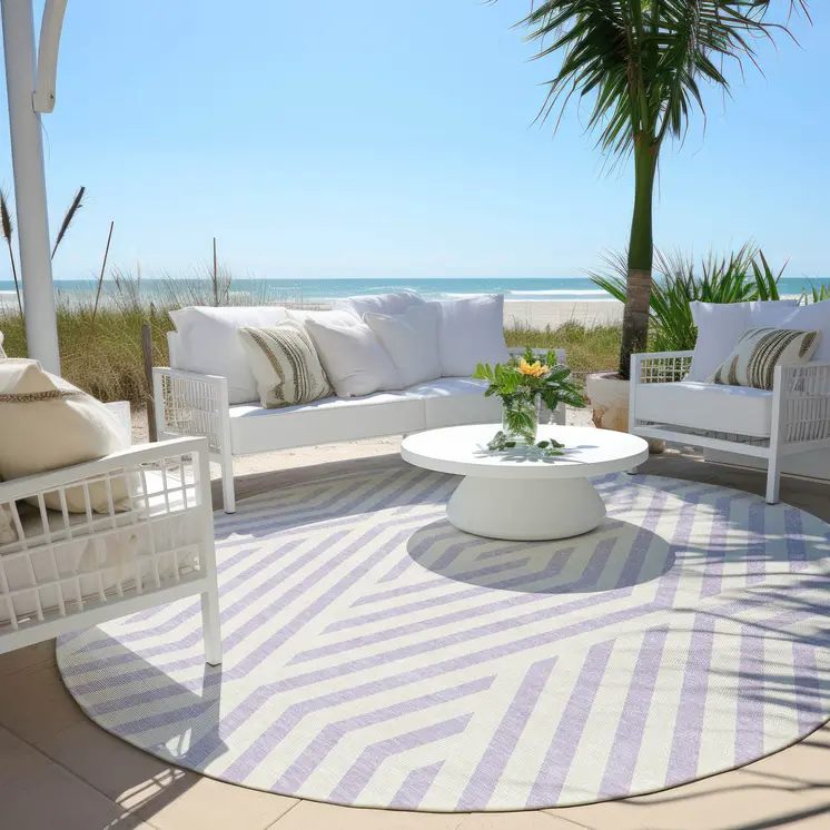 8' Round Lavender and Ivory Round Geometric Washable Non Skid Indoor Outdoor Area Rug
