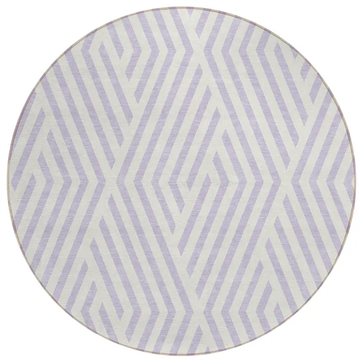 8' Round Lavender and Ivory Round Geometric Washable Non Skid Indoor Outdoor Area Rug