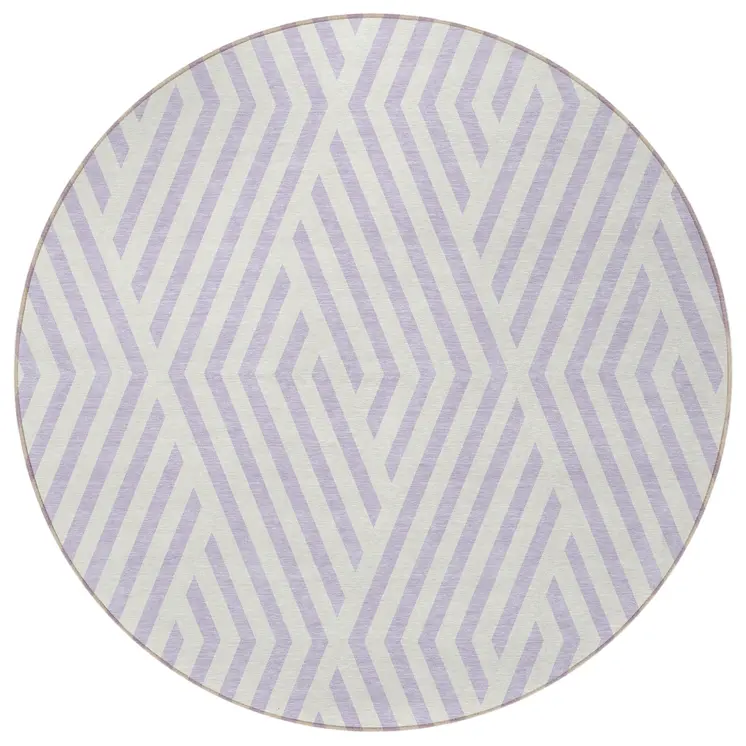 8' Round Lavender and Ivory Round Geometric Washable Non Skid Indoor Outdoor Area Rug