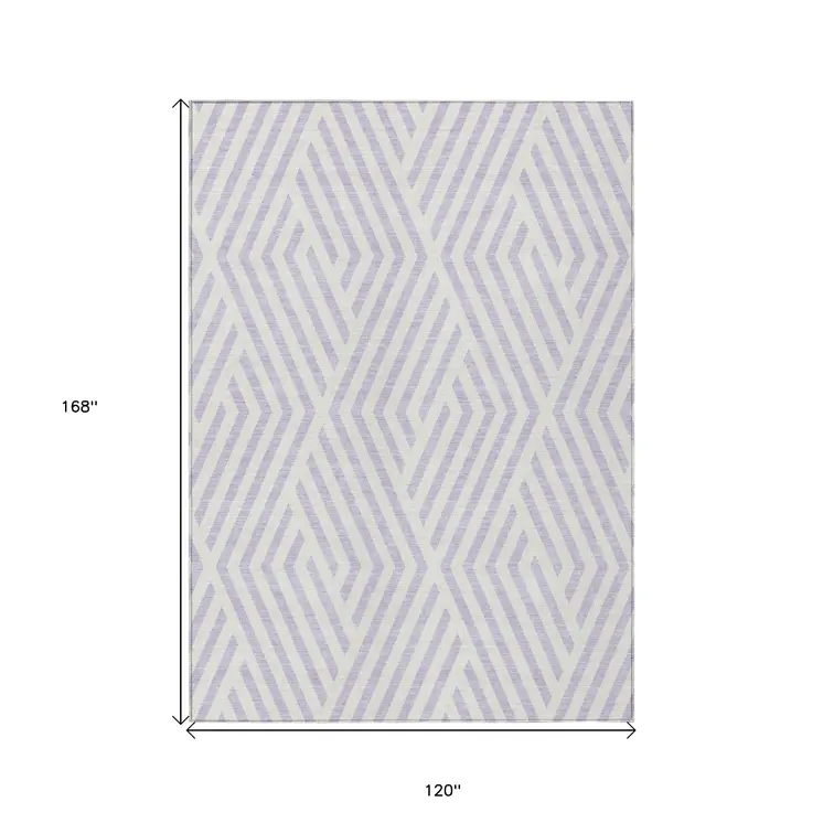 10' X 14' Lavender and Ivory Geometric Washable Non Skid Indoor Outdoor Area Rug