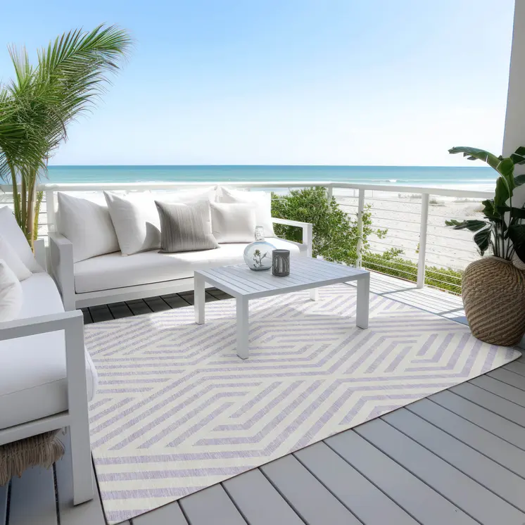 10' X 14' Lavender and Ivory Geometric Washable Non Skid Indoor Outdoor Area Rug