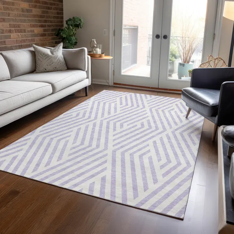 10' X 14' Lavender and Ivory Geometric Washable Non Skid Indoor Outdoor Area Rug