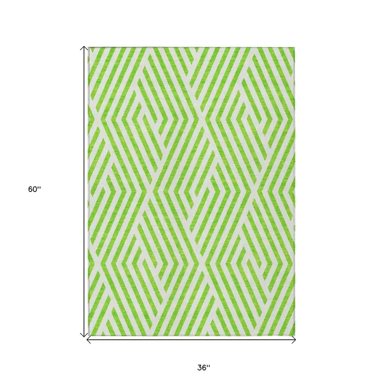 3' X 5' Lime Green and White Geometric Washable Non Skid Indoor Outdoor Area Rug