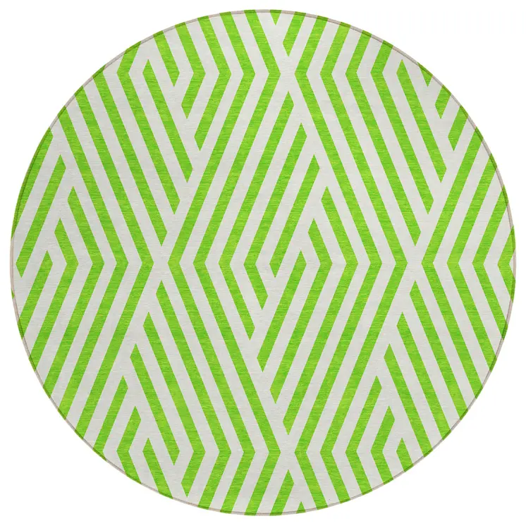 8' Round Lime Green and White Round Geometric Washable Non Skid Indoor Outdoor Area Rug